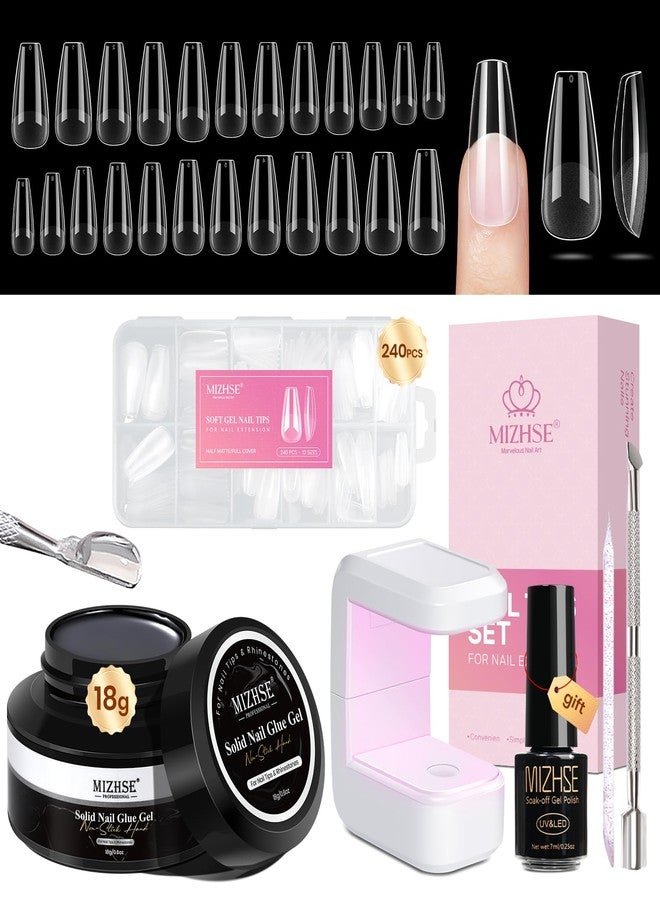 MIZHSE Gel Nail Kit Medium Coffin Gels Nail Tips, Solid Nails Glue Gel for Press On Nails with Portable U V Lamp 240Pcs 12 Sizes Half Matte Nail Tips Easy Nail Extension Set for Women - Image 1